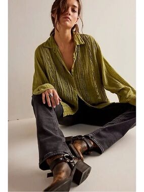 Free People FP One Mila Shirt in Dried Aloe Ethereal Dainty Romantic Medium